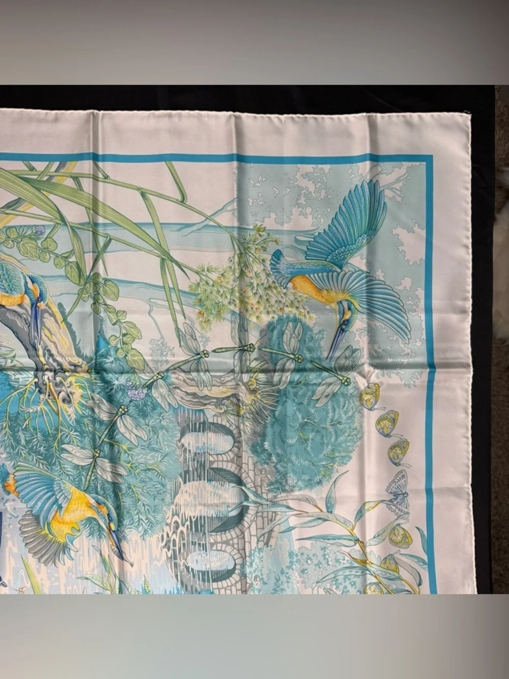 Authentic Hermes Silk Scarf Birds Water Fish White Blue Yellow Au Bord De L’eau - Picture 4 of 12